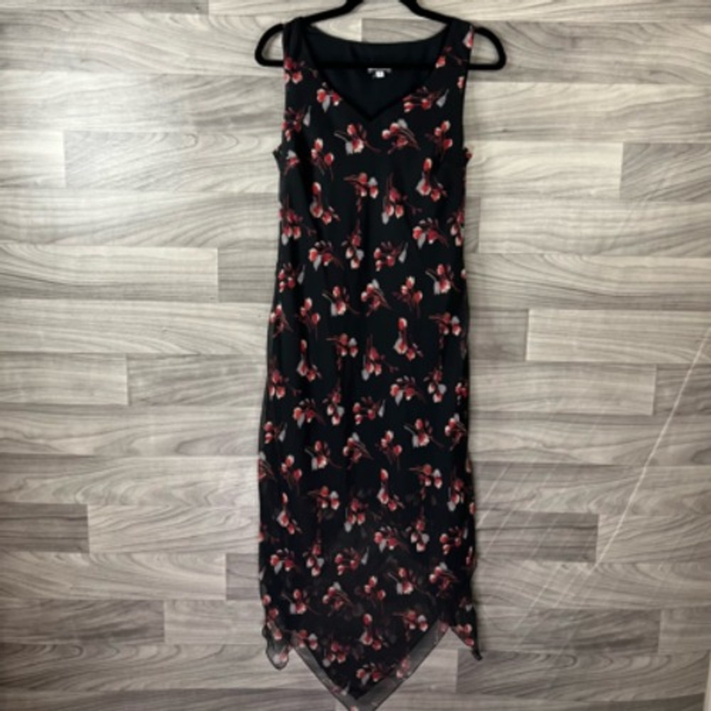 Believe Sheath Dress Womens 8 Black Floral Midi V‎ Neck Sleeveless Y2K Indie 90s